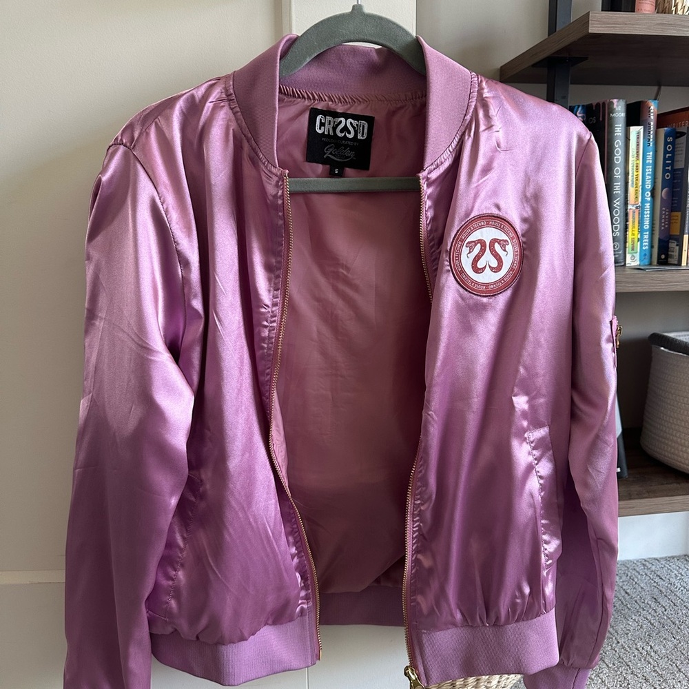 CRSSD Women's Pink Satin Bomber Jacket with House x Techno back